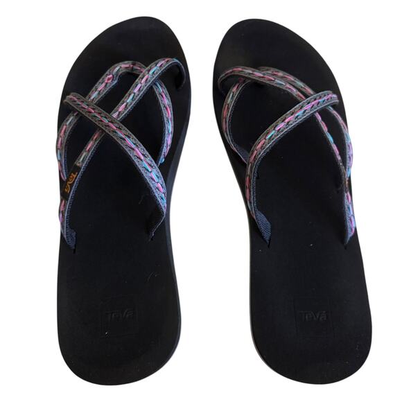 Teva Black Gray Pink Blue Olowahu Strappy Flip Flops 6840 Size 12 - Picture 4 of 8